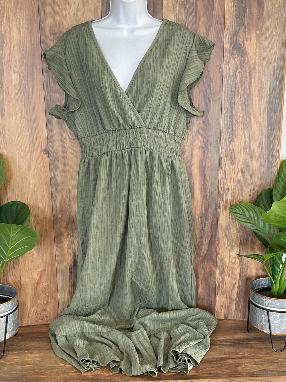 SHEIN Olive Green V-Neck Flutter Sleeve Maxi Dress XL         366B